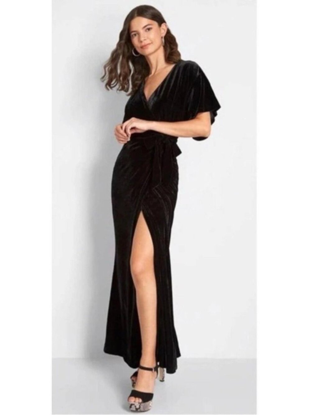 ModCloth x Collectif Keiko Velvet Maxi Wrap Dress black formal gown stretch US14